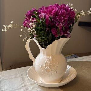 White Pitcher and saucer with daffodils relief art on both sides, Easter